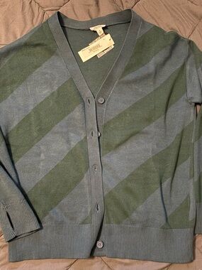 Women's V-Neck Striped Cardigan Sweater - Blue & Green